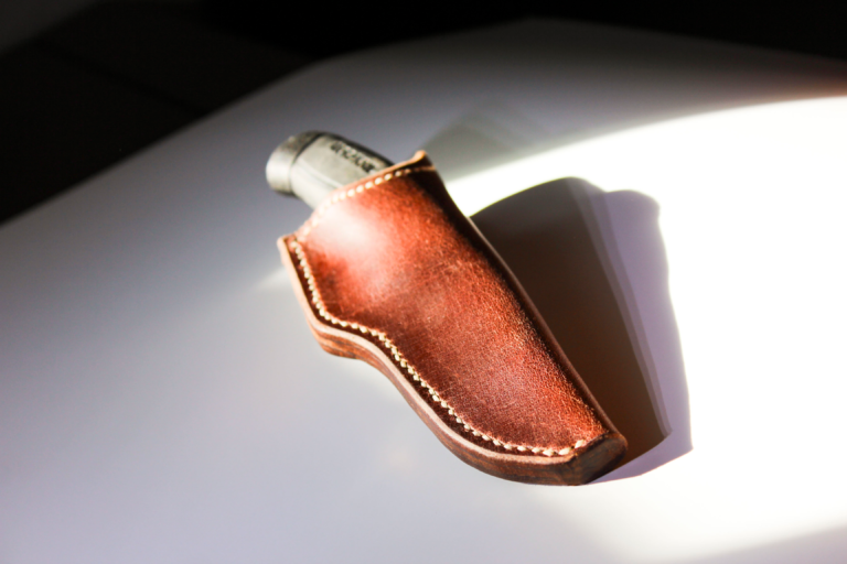 Handmade full-grain leather sheath for the Morakniv Companion with the knife seated